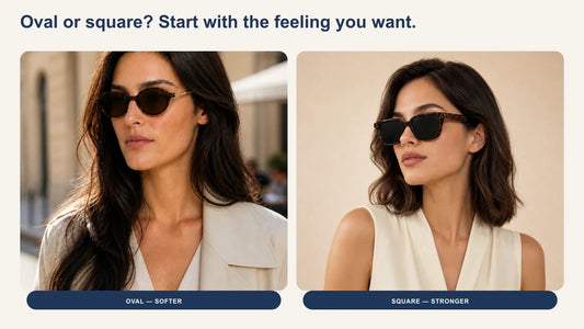 Side-by-side models wearing DESSON oval and square sunglasses