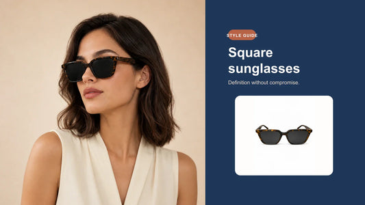 Model wearing DESSON Havana square sunglasses beside the Havana frame