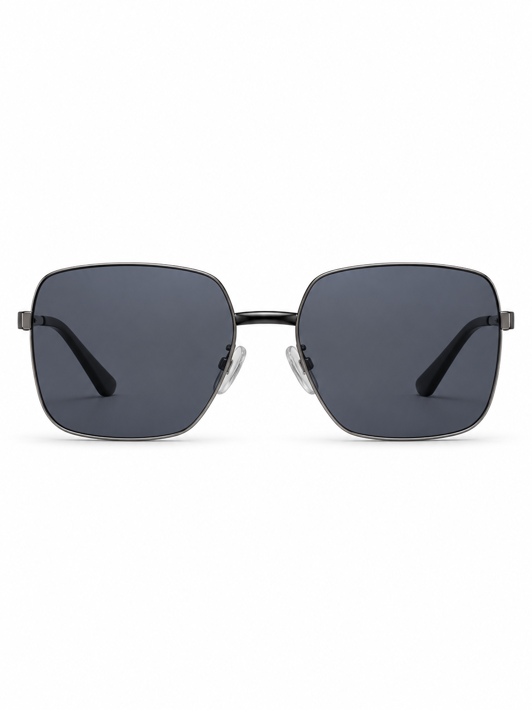 DESSON Celeste black slim square sunglasses with blue-grey lenses, front view.