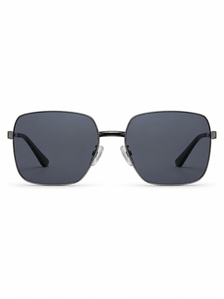 DESSON Celeste black slim square sunglasses with blue-grey lenses, front view.