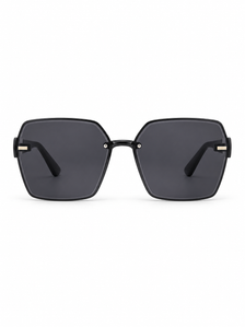 DESSON Solis black geometric square sunglasses with smoke-grey lenses, front view.
