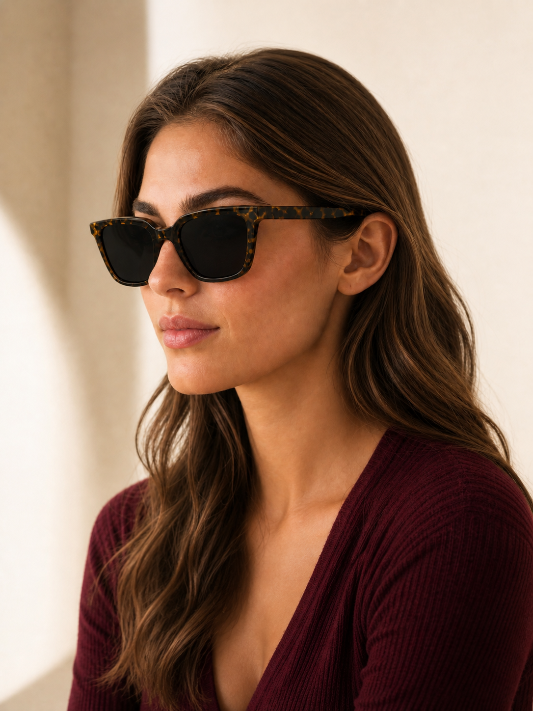 Woman wearing Havana sunglasses side view