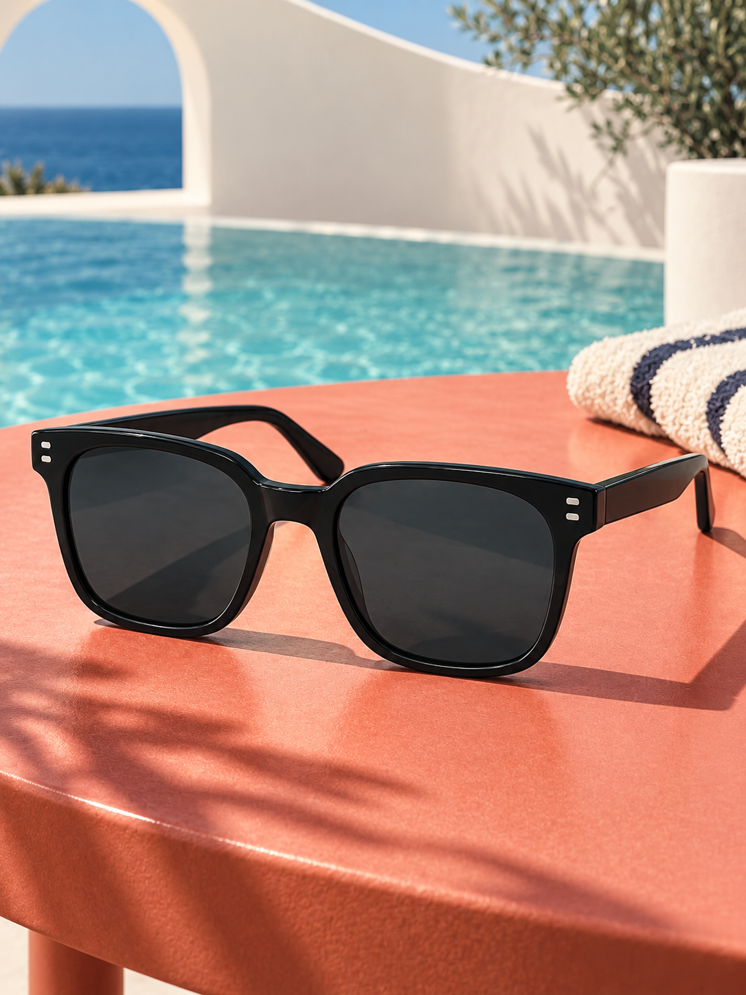 DESSON Arden black square sunglasses — atmosphere pool.