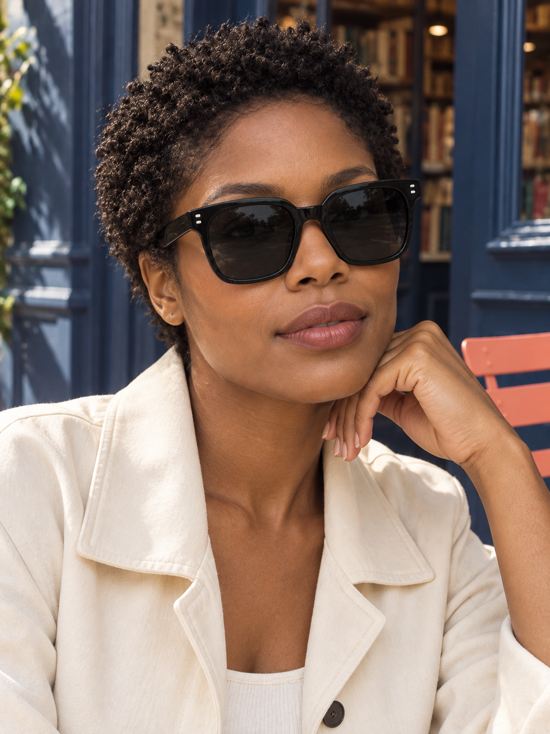 DESSON Arden black square sunglasses — tryon bookshop, North American woman.
