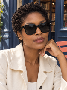 DESSON Arden black square sunglasses — tryon bookshop, North American woman.