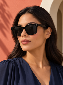 DESSON Arden black square sunglasses — tryon gallery, North American woman.