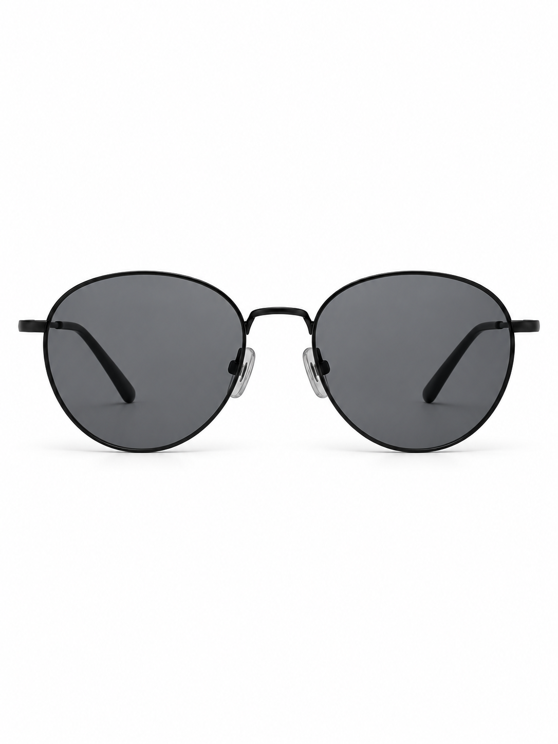 DESSON Aster black slim round sunglasses with dark gray lenses, front view.