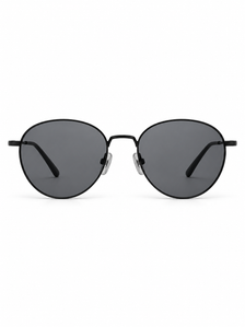 DESSON Aster black slim round sunglasses with dark gray lenses, front view.