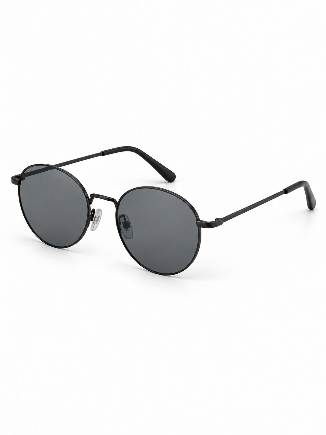 DESSON Aster black slim round sunglasses with dark gray lenses, three-quarter view.