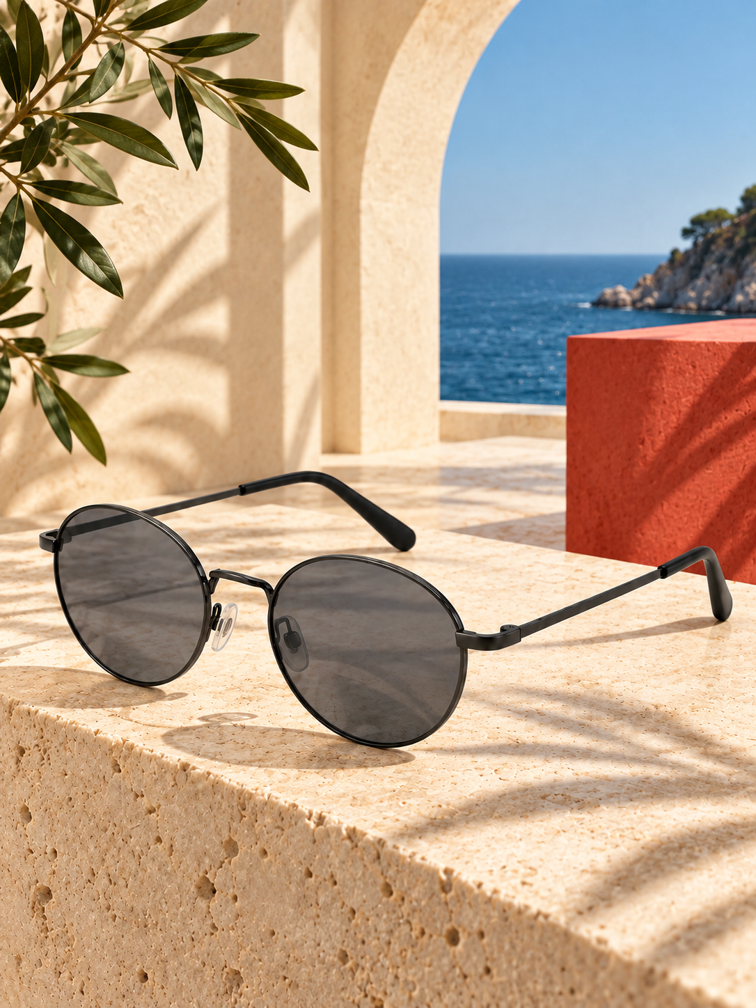 DESSON Aster black slim round sunglasses in a sunlit seaside arch setting.
