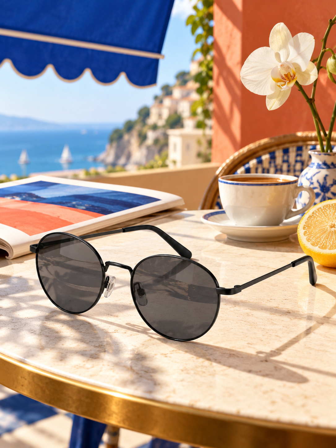 DESSON Aster black slim round sunglasses in a coastal cafe still life.
