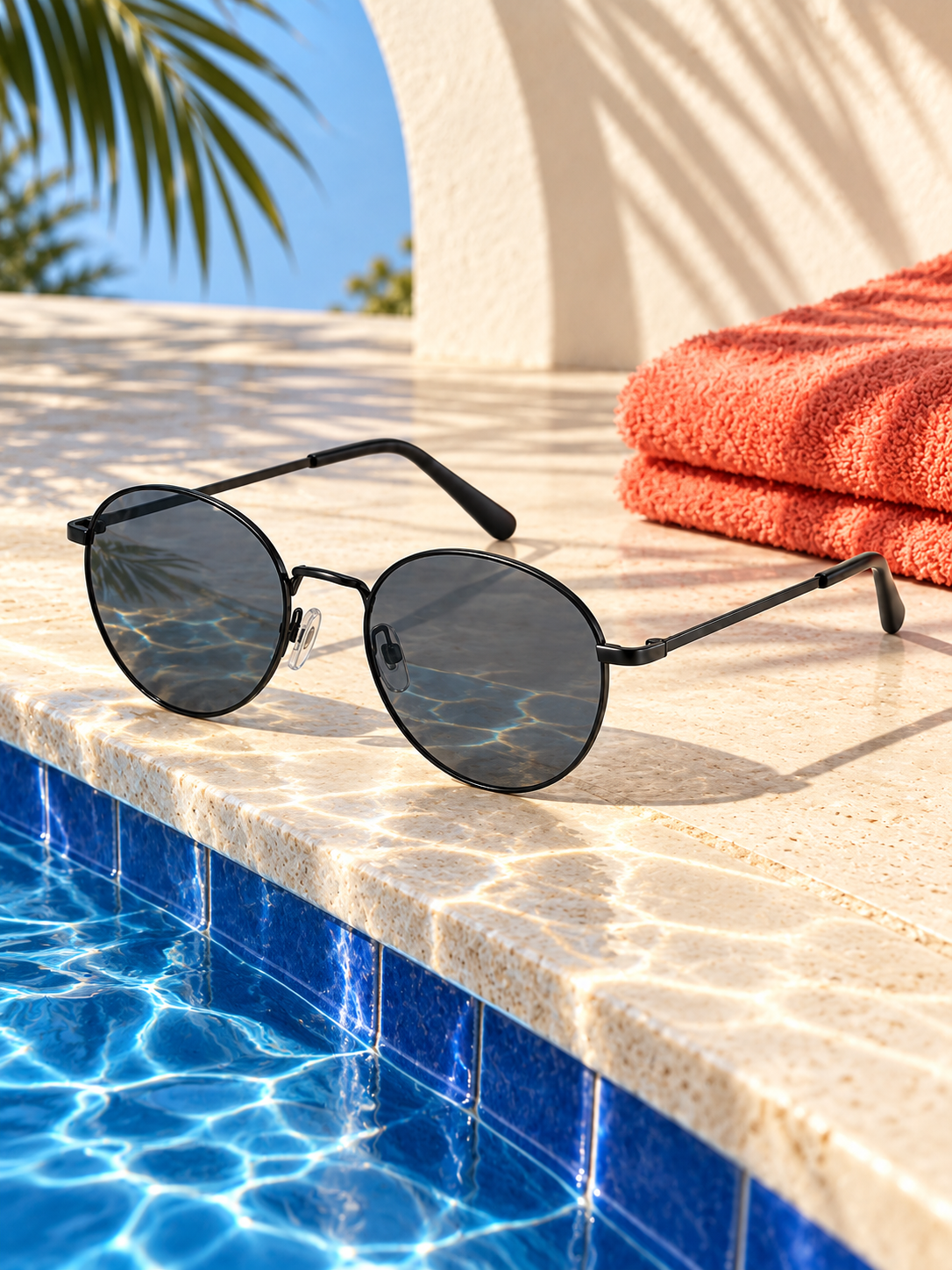 DESSON Aster black slim round sunglasses in a sunlit poolside setting.
