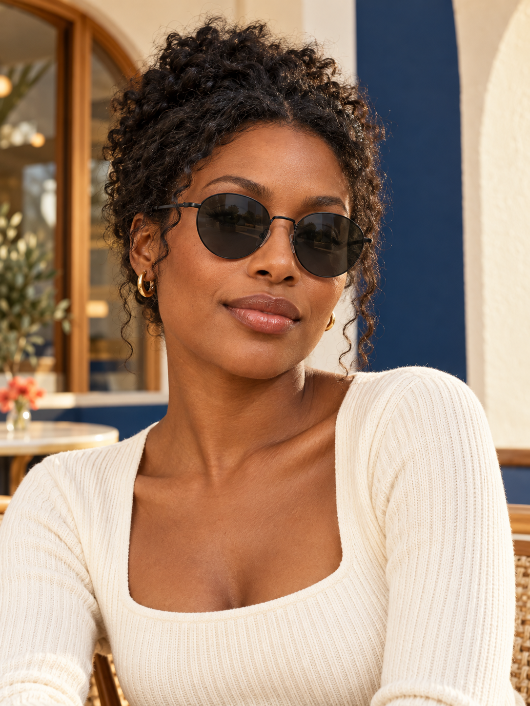 Black North American woman wearing DESSON Aster slim round sunglasses at a cafe.