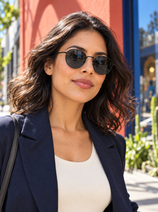 Latina North American woman wearing DESSON Aster slim round sunglasses in an art district.