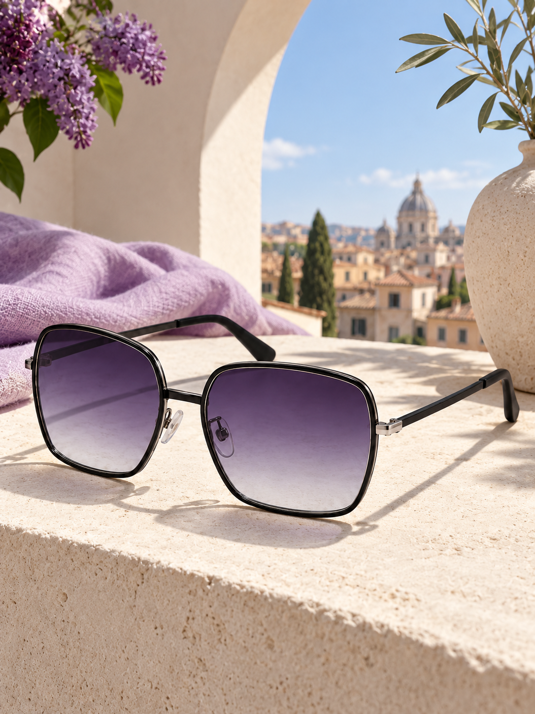 DESSON Camille black soft-square sunglasses — atmosphere terrace.