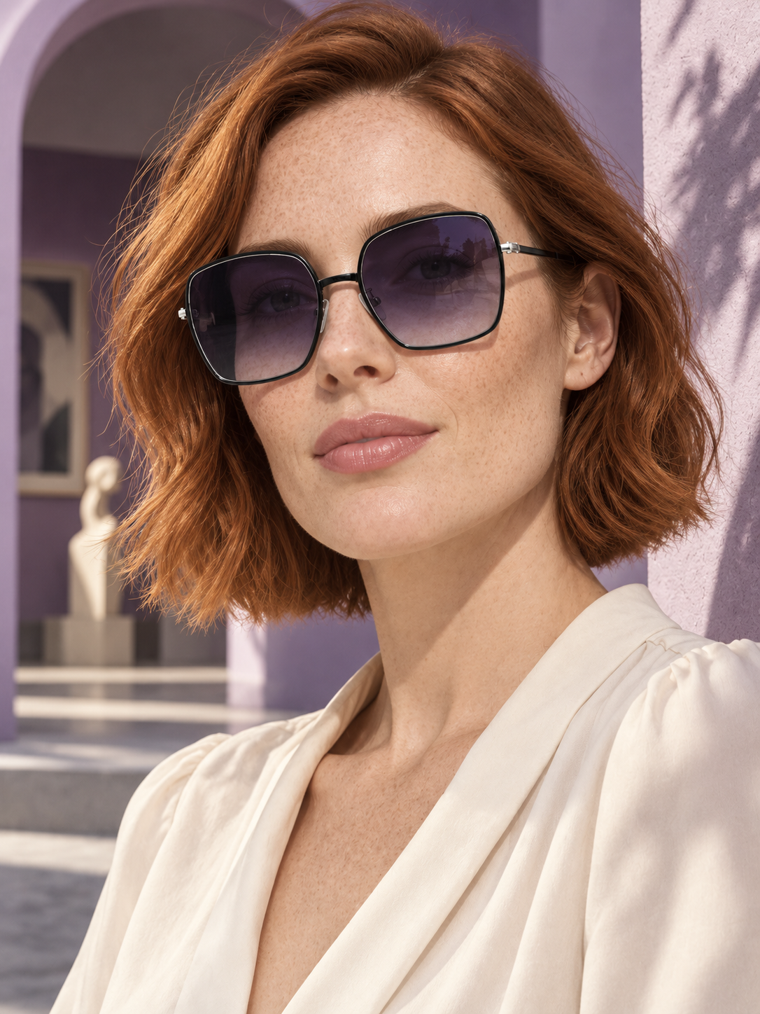 DESSON Camille black soft-square sunglasses — tryon gallery, North American woman.