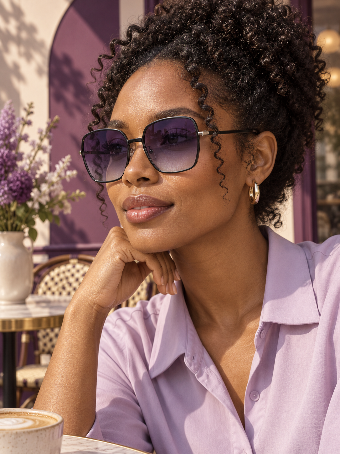 DESSON Camille black soft-square sunglasses — tryon cafe, North American woman.