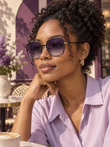DESSON Camille black soft-square sunglasses — tryon cafe, North American woman.