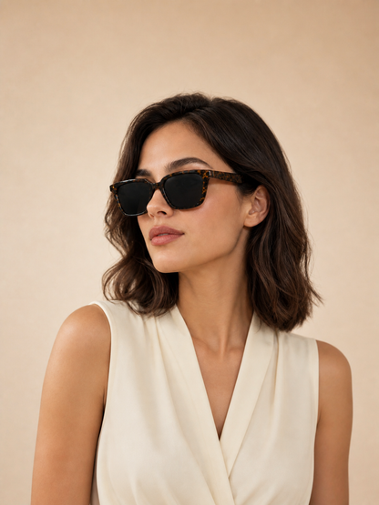 Woman wearing Havana oversized tortoiseshell square sunglasses