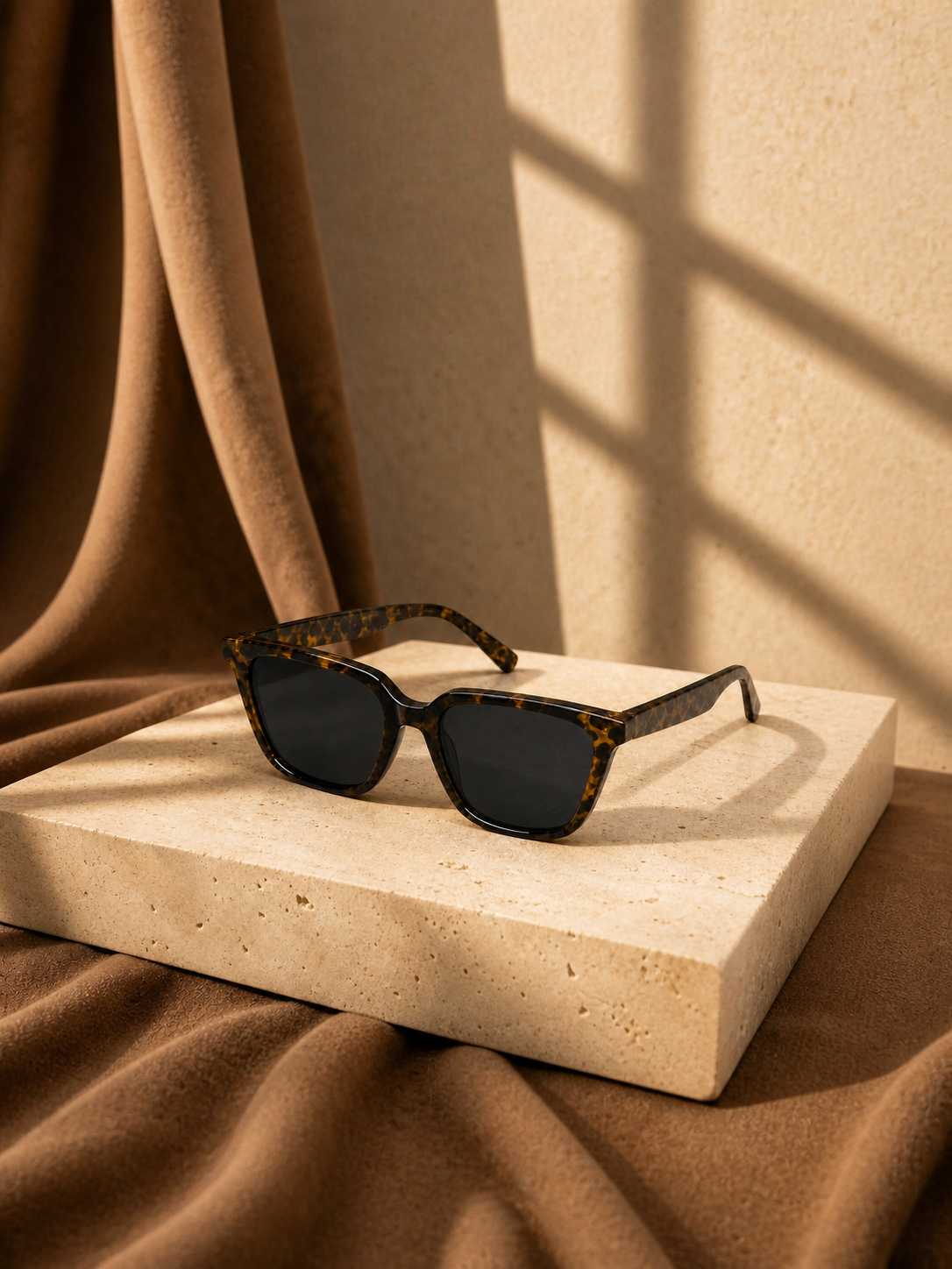 Havana sunglasses displayed on a warm stone pedestal