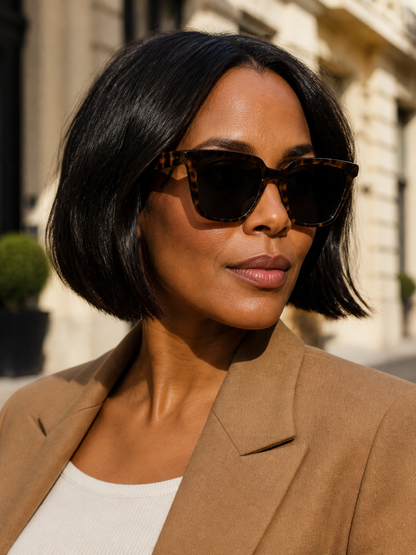 Woman wearing Havana sunglasses in natural city light