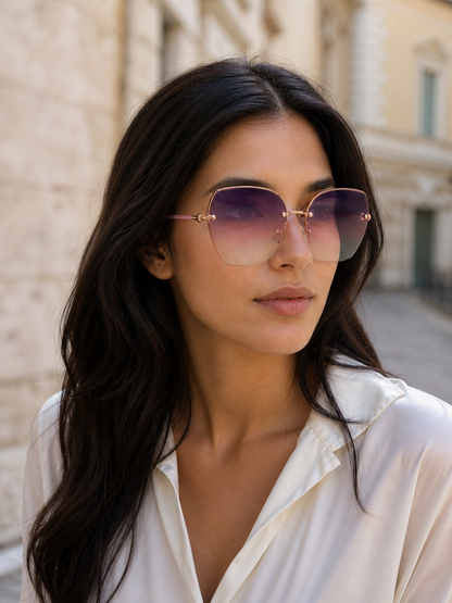 Woman wearing Lumina rimless gradient sunglasses