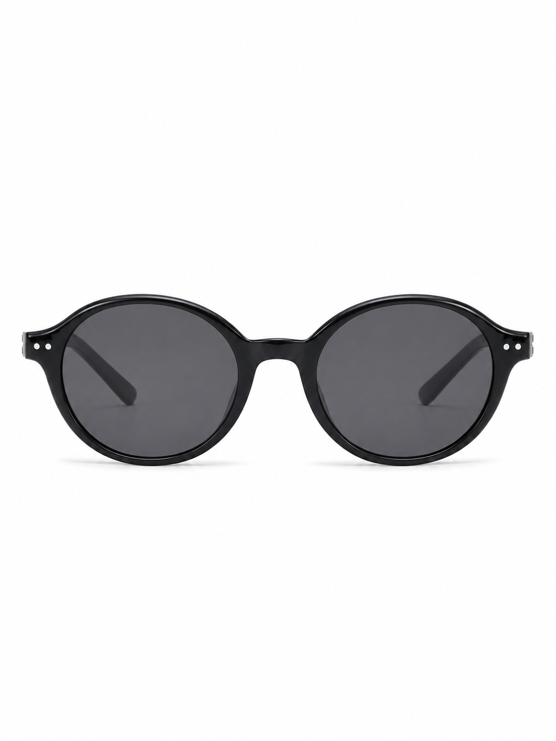 Orbis black round sunglasses with gray lenses, front view on white