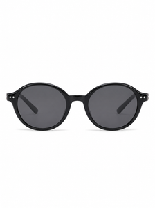 Orbis black round sunglasses with gray lenses, front view on white