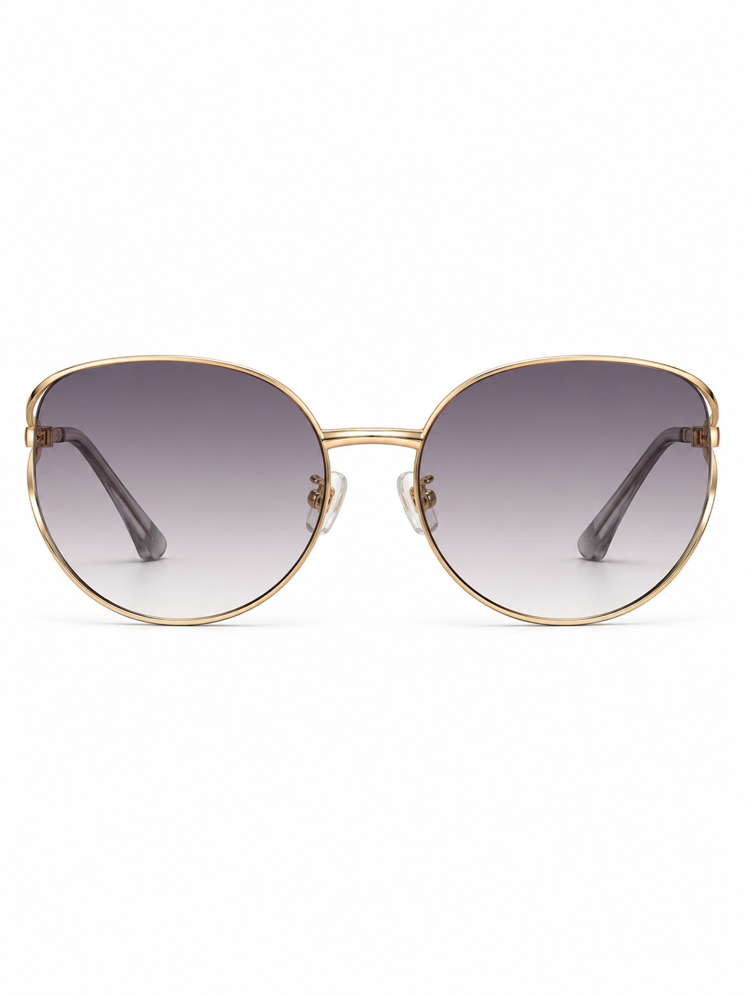 DESSON Seraphine gold-tone oversized butterfly sunglasses with grey-purple gradient lenses, front view.