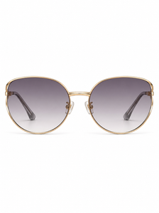 DESSON Seraphine gold-tone oversized butterfly sunglasses with grey-purple gradient lenses, front view.