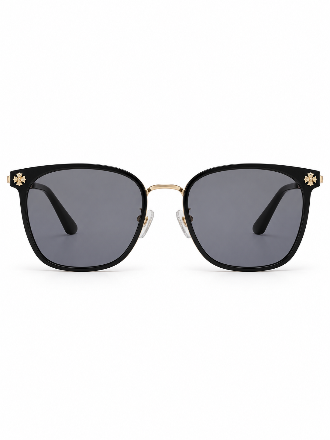 DESSON Dahlia black square sunglasses with gold-tone floral accents and grey lenses, front view.