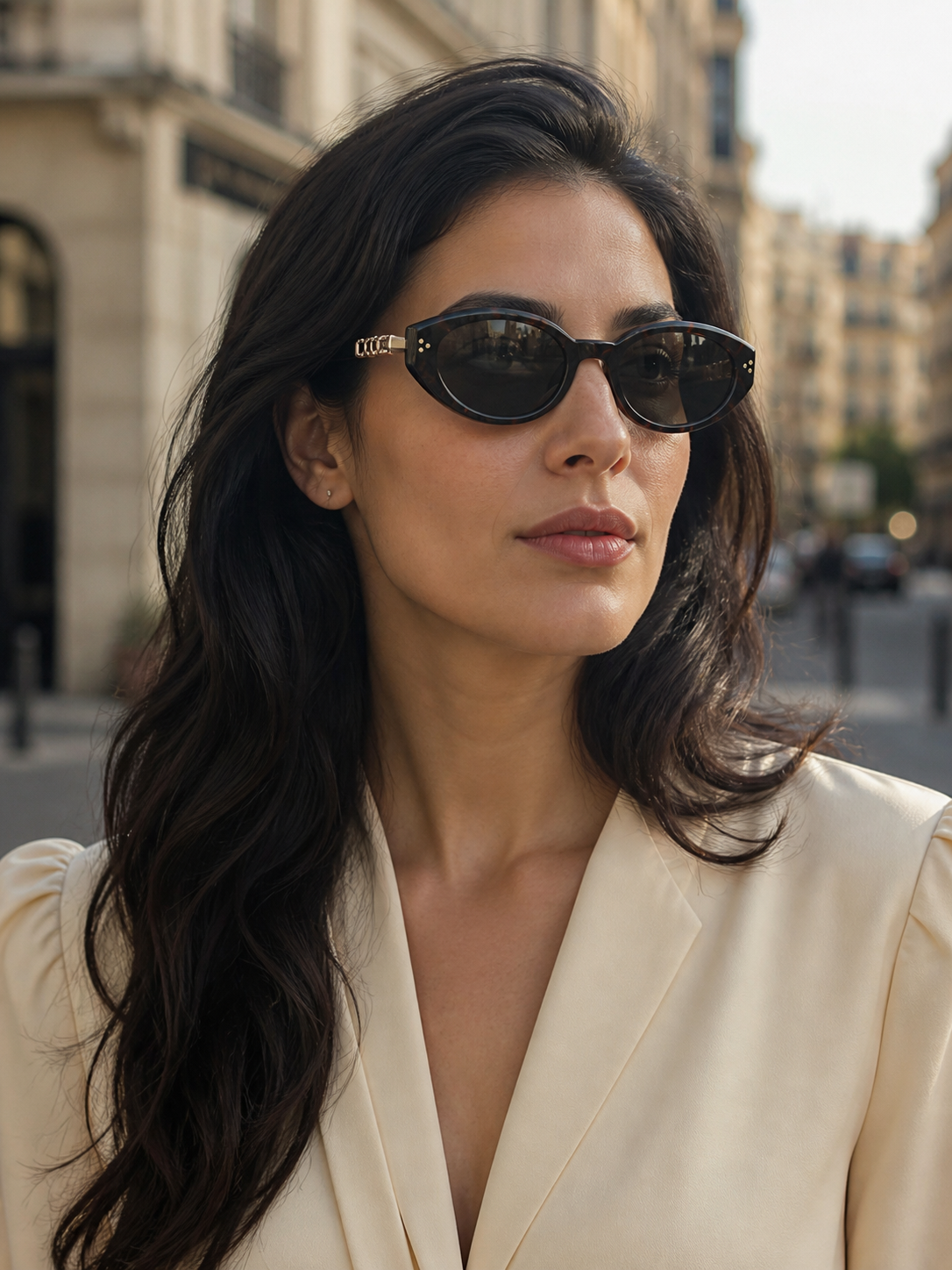 Woman wearing Sable oval sunglasses on a city street
