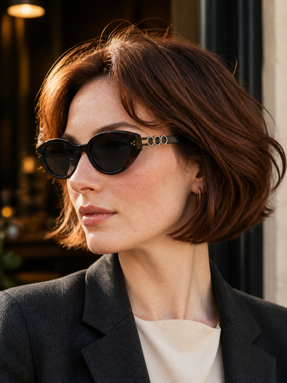 Short-haired woman wearing Sable sunglasses in natural light
