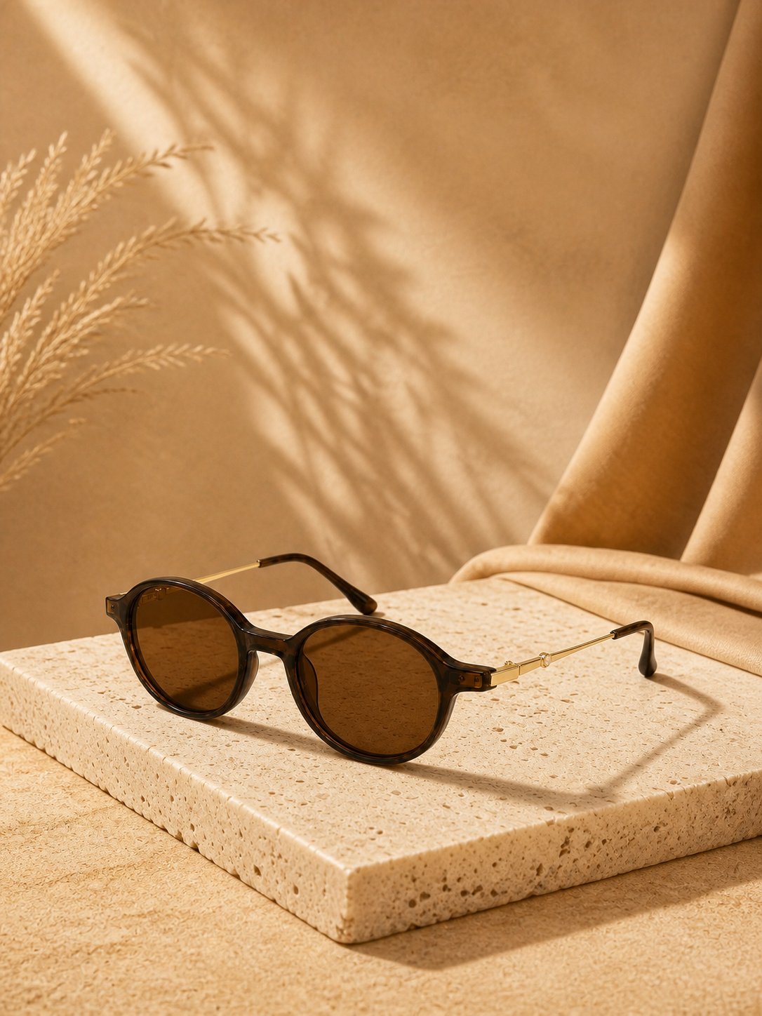 Sienna brown oval sunglasses styled on a warm ivory stone pedestal