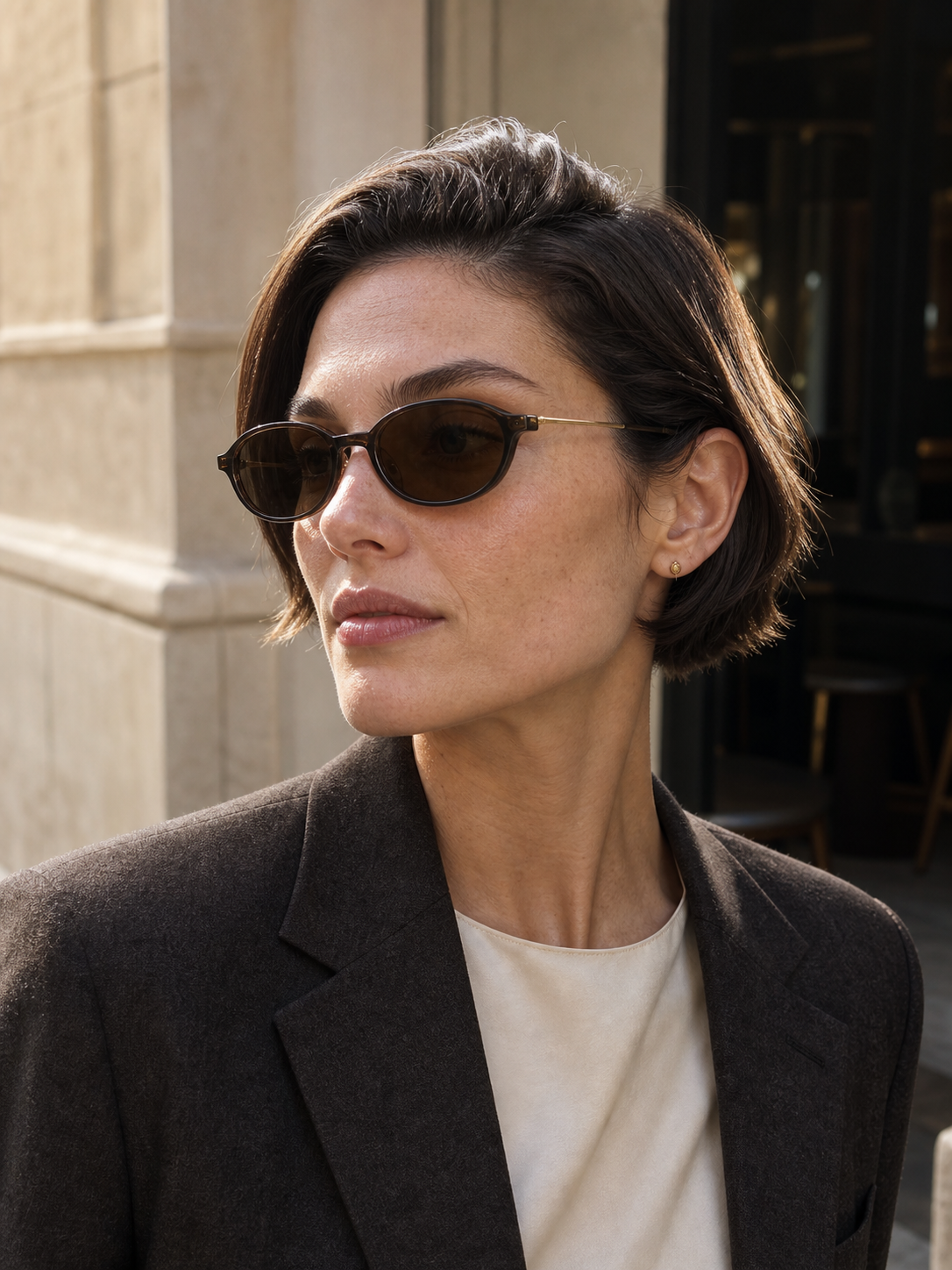 Short-haired woman wearing Sienna brown oval sunglasses in natural city light