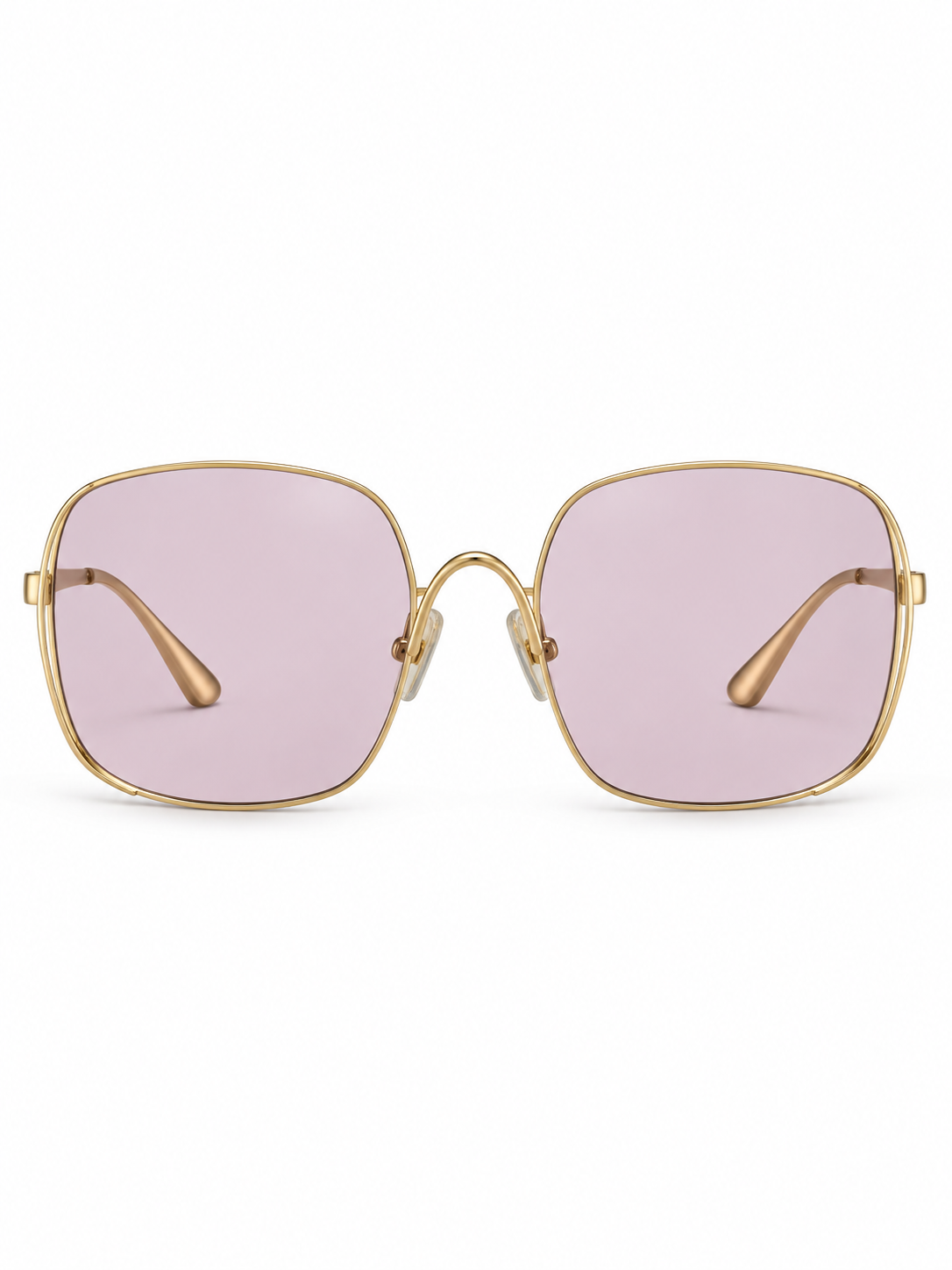 Solene gold-tone oversized square sunglasses with pale lilac lenses, edited front-view presentation