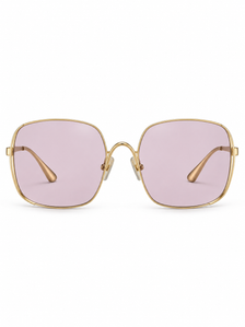 Solene gold-tone oversized square sunglasses with pale lilac lenses, edited front-view presentation