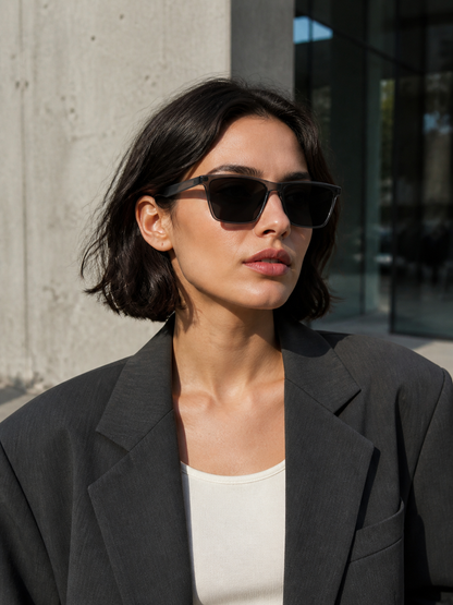 Female model wearing Vapor sunglasses in the city